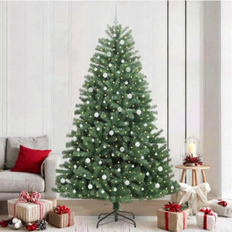 Image of vidaXL Artificial Hinged Christmas Tree with White Balls Green 240cm PVC and Metal, Green 3395508