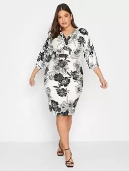 Image of Yours Curve Pleat Drop Shoudler Floral Wrap Dress, White, Size 22, Women