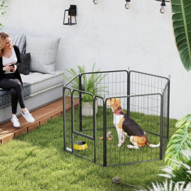 Image of PawHut 6 Panels Dog Playpen with Secure Door for Indoor Outdoor, 80cm High, Black D06-250V02BK