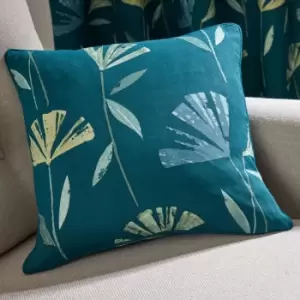 Image of Dacey Contemporary Floral Print 100% Cotton Piped Edge Filled Cushion, Teal, 43 x 43cm - Fusion