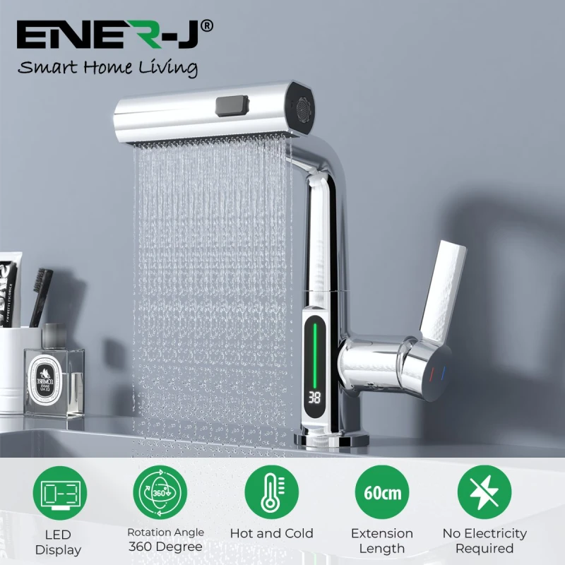 Image of ENER-J Modern Single Hole Basin Faucet with Waterfall, Pull Out Sprayer & LED Temperature Display, Chrome Silver in Camel Size: 100cm x 100cm Came
