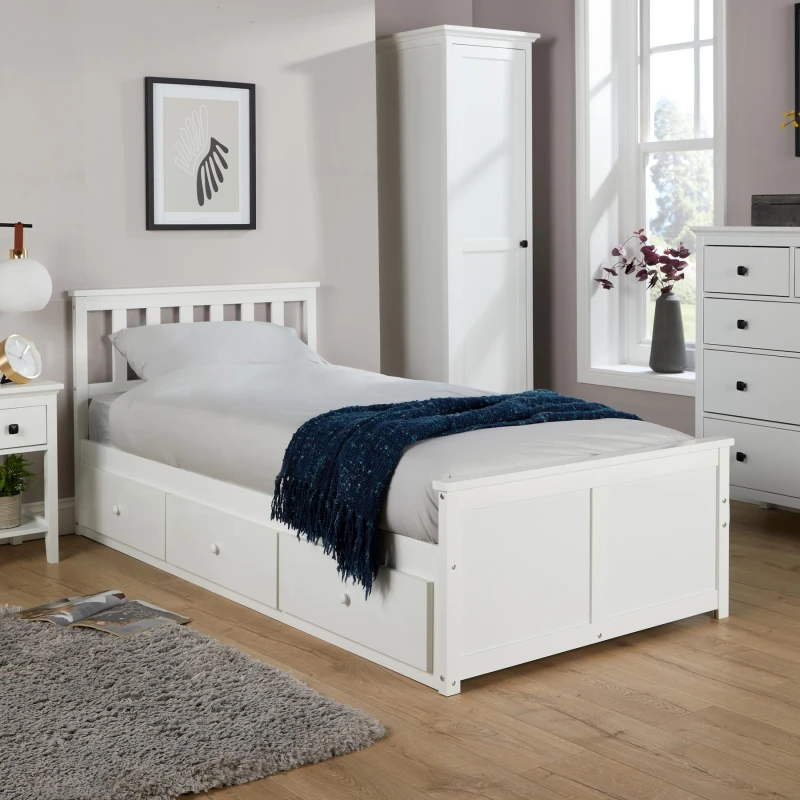 Image of Home Source Single 3ft Pine Wooden Bed Frame 3ft Underbed Storage Drawers Bedroom in White White Unisex Single