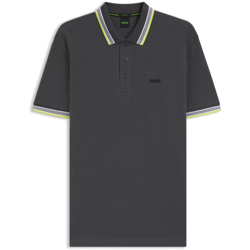 Image of BOSS Paddy Pique Polo Shirt Dark Grey/Yellow mens Polo shirt in Grey