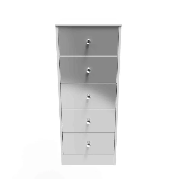 Image of Welcome Furniture Ready Assembled Padstow 5 Drawer Tallboy In Uniform Grey Gloss & White