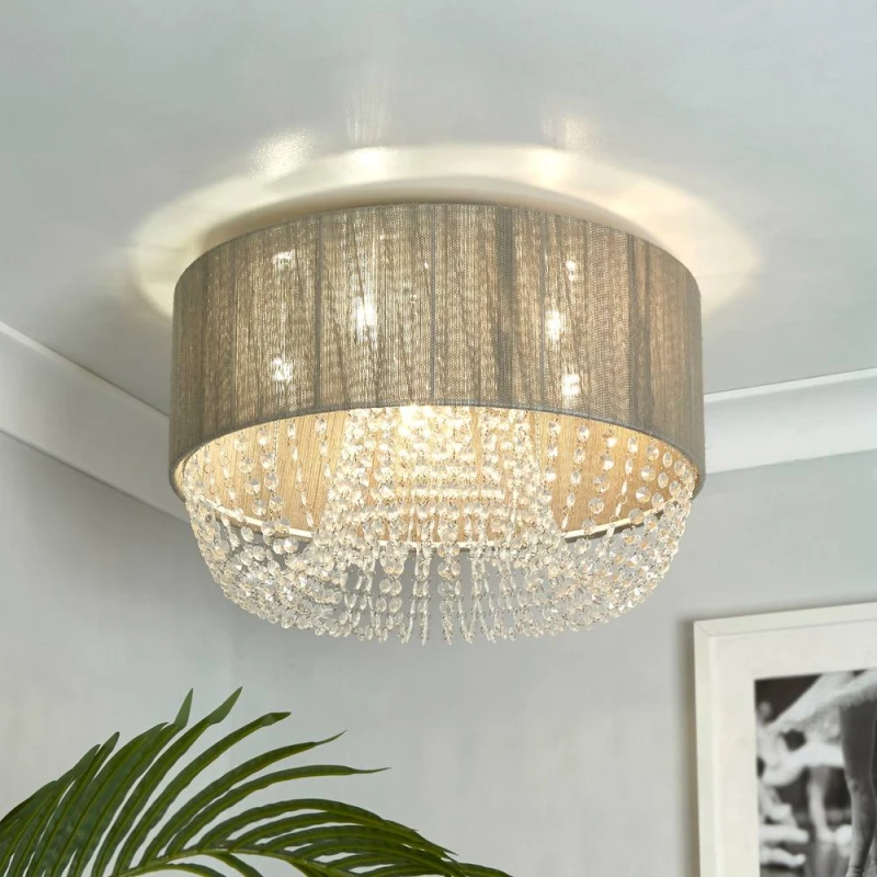 Image of Lighting Collection Textured Fabric Drum Flush Light With Cascading Crystal Waterfall Design
