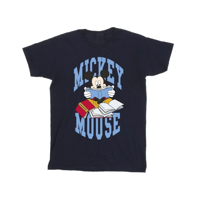 Image of Disney Men Mickey Mouse Reading Books Cotton T-Shirt in Navy Size: Small Navy S Male 5063376462143