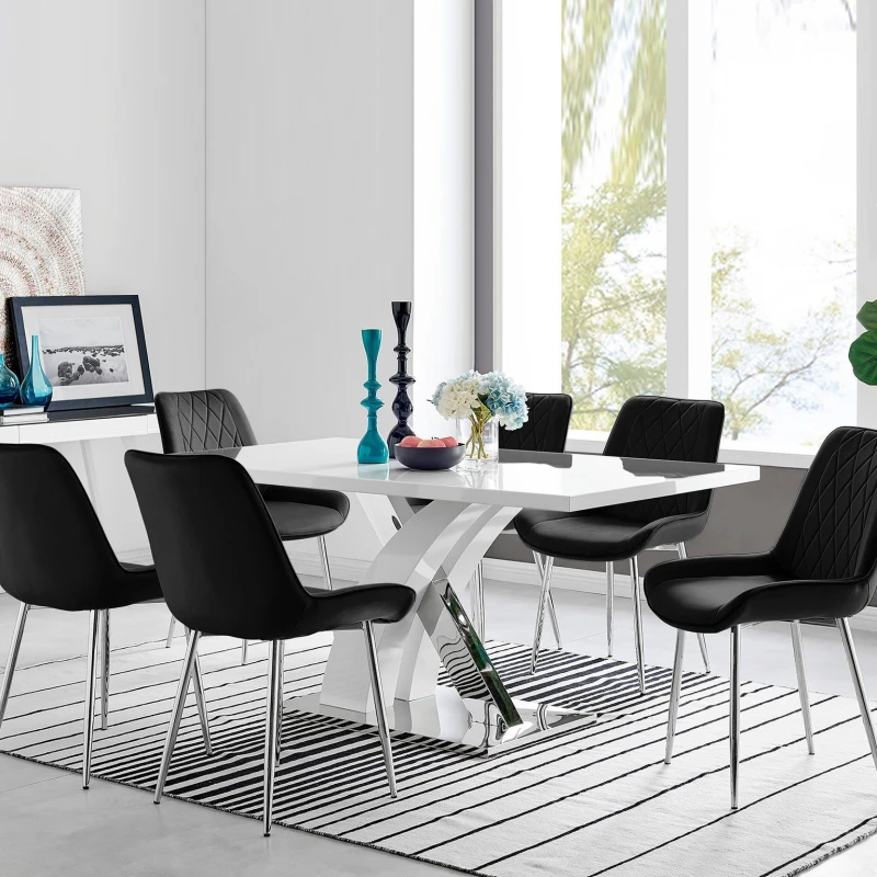 Image of FurnitureboxUK FurnitureboxUK Atlanta 6 White Dining Table and 6 Pesaro Silver Leg Chairs in Black One Size Unisex 5056542664564