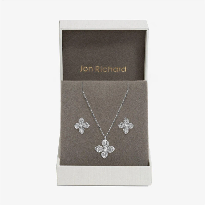 Image of Jon Richard Rhodium Plated Cubic Zirconia Floral Set - Gift Boxed Silver