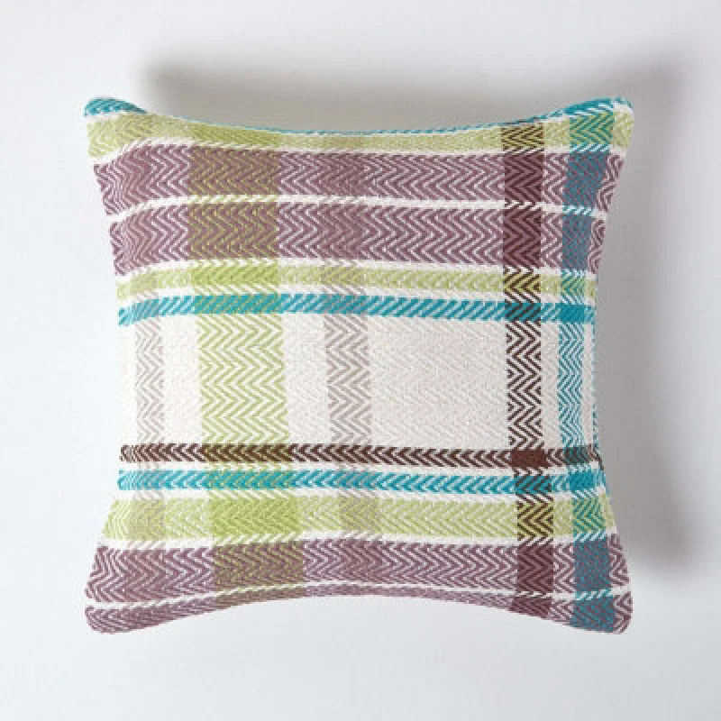 Image of Homescapes Green Tartan 100% Cotton Falun Cushion Cover, 45 X 45 Cm