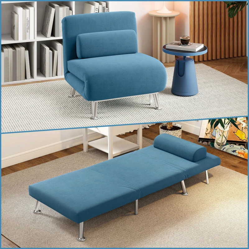 Image of HOMCOM Single Sofa Bed, 1 Person Sleeper Foldable Lounge with Pillow, Blue 833-066V72BU