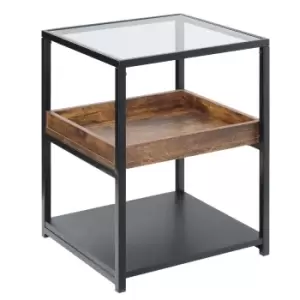 Image of Homcom Glass Top Industrial Side Table With 3 Tier Storage Shelves Rustic Wood Finish