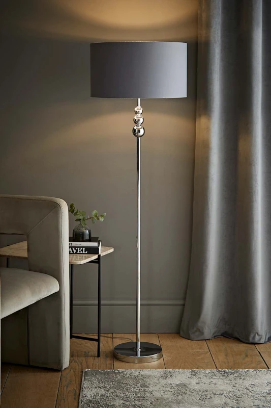 Image of ValueLights Marissa Grey and Metallic Chrome Shade with Brushed Gold Stacked Ball Floor Lamp Grey