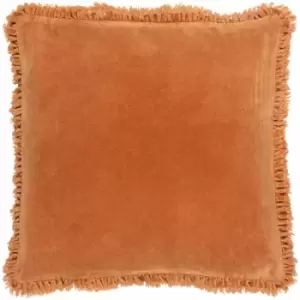 Image of The Linen Yard - Bertie Velvet 100% Cotton Fringed Cushion Cover, Rust, 45 x 45 Cm