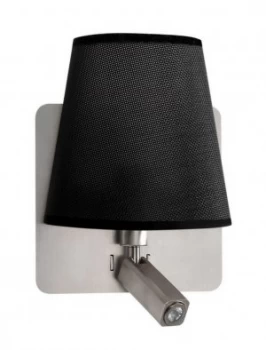 Image of Wall Lamp with Large Back Plate 1 Light E27 + Reading Light 3W LED with Black Shade Satin Nickel 4000K, 200lm,