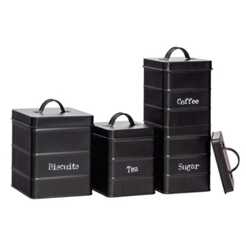 Image of Harbour Housewares 4 Piece Kitchen Canisters Set - Black - Vintage Metal Storage Caddy Tin Jar