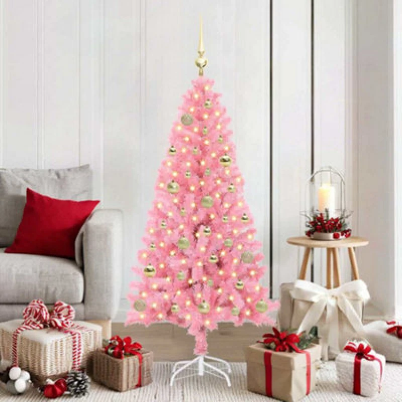 Image of vidaXL Christmas Tree with 150 LEDs, Gold Balls with Stand Pink 150cm PVC, Pink 3396420