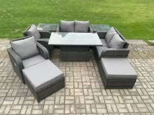 Image of Fimous 6 Seater Outdoor Dark Grey Rattan Lounge Complete Sofa Set with Adjustable Dining Table and 2 Big Footstool