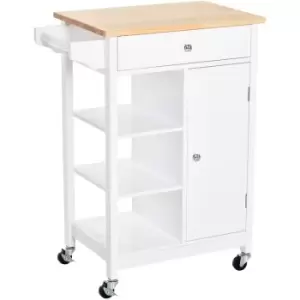 Image of Homcom - Kitchen Storage Trolley Unit Wood Top Shelves Cupboard Drawer Rail White
