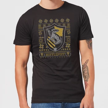 Image of Harry Potter Hufflepuff Crest Mens Christmas T-Shirt - Black - 5XL