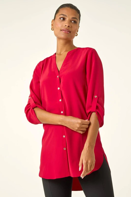 Image of Roman Womens Notch Neck Longline Blouse in Red Size: 14 Red Female 14