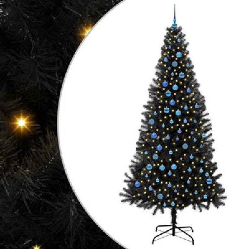Image of vidaXL Christmas Tree with 300 LEDs with Stand, Blue Balls Black 240cm PVC, Black 3396503