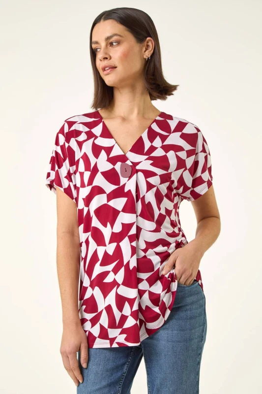 Image of Roman Womens Abstract Print V-Neck Stretch Top in Red Size: 14 Red Female 14