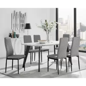 Image of Furniturebox Andria Black Leg Marble Effect Dining Table and 6 Grey Milan Faux Leather Dining Chairs With Black Legs
