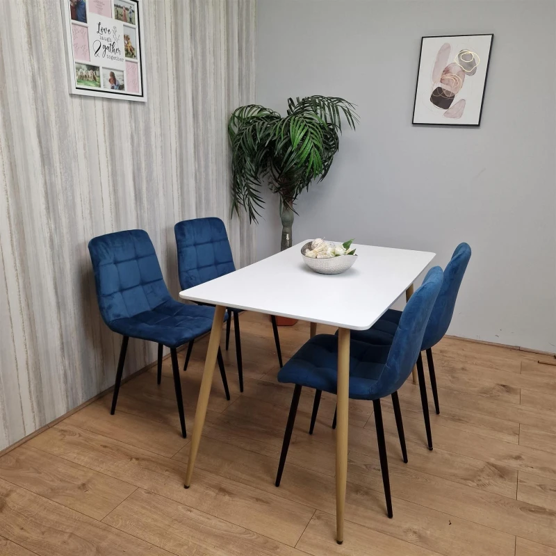 Image of KOSY KOALA KOSY KOALA Wooden Rectangle White Tulip Table with 4 Blue Gem Patterned Chairs Size: 120cm x 70cm White 120cm x 70cm Unisex 5061055340249