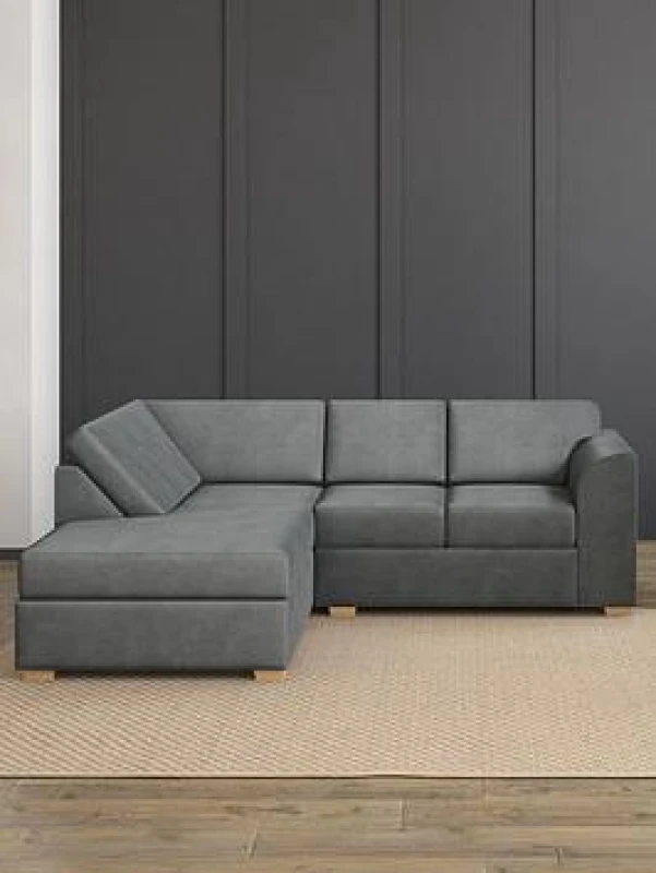 Image of Aspire Modo L Shaped Sofa With Corner On The Left, Fixed Back, Plush Velvet Ebony, Black MO-FB-PV08-LL