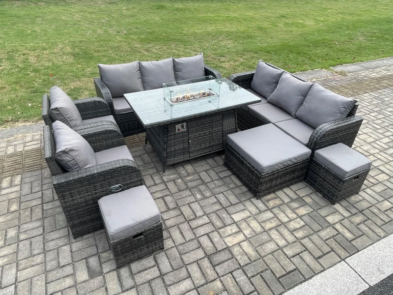 Image of Fimous Wicker PE Rattan Garden Furniture Set Gas Fire Pit Dining Table Indoor Outdoor with Chair Loveseat Sofa 3 Footstools Dark Grey