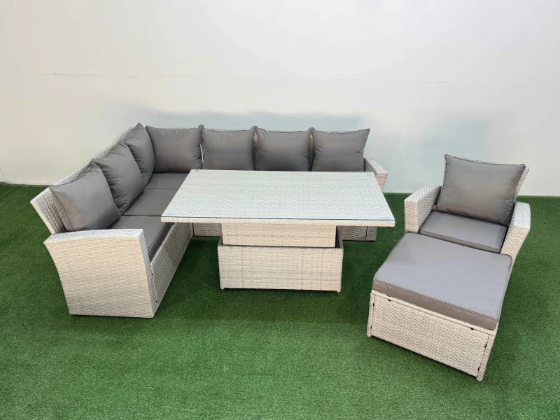 Image of Fimous 8 Seat Garden Furniture Corner Sofa with Footstool Light Grey Light Grey Unisex