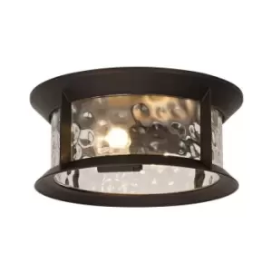 Image of Flush Ceiling Lamp, 2 xE27, Antique Bronze, Clear Ripple Glass, IP54 - Luminosa Lighting