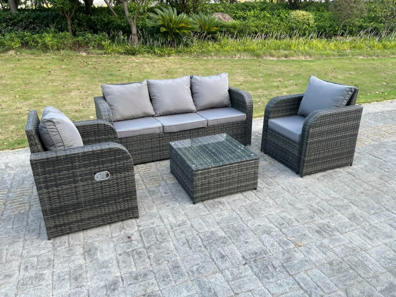 Image of Fimous PE Rattan Garden Furniture Set Adjustable Chair Sofa Lounge Sofa Set Square Coffee Table Dark Grey
