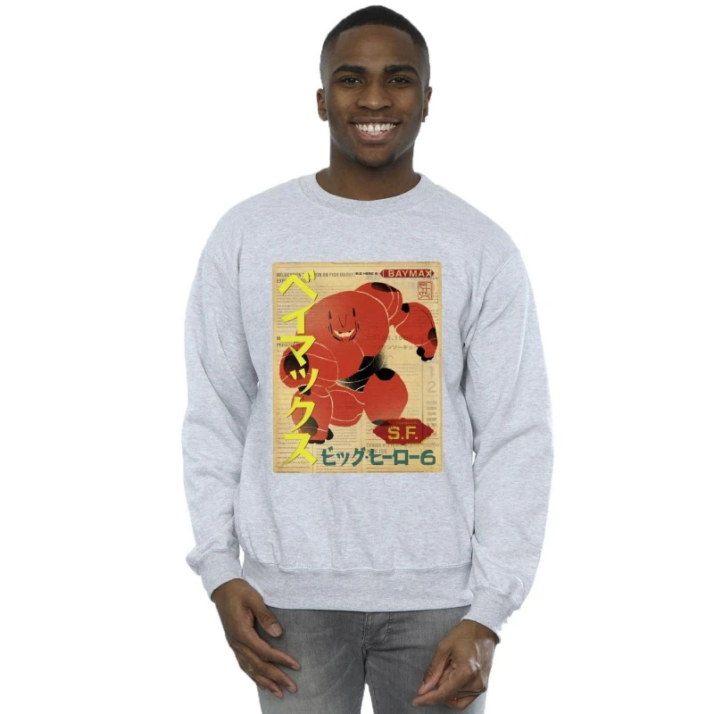 Image of Disney Men Big Hero 6 Baymax Baymax Newspaper Sweatshirt in Grey Size: Small Grey S Male 5059934863682