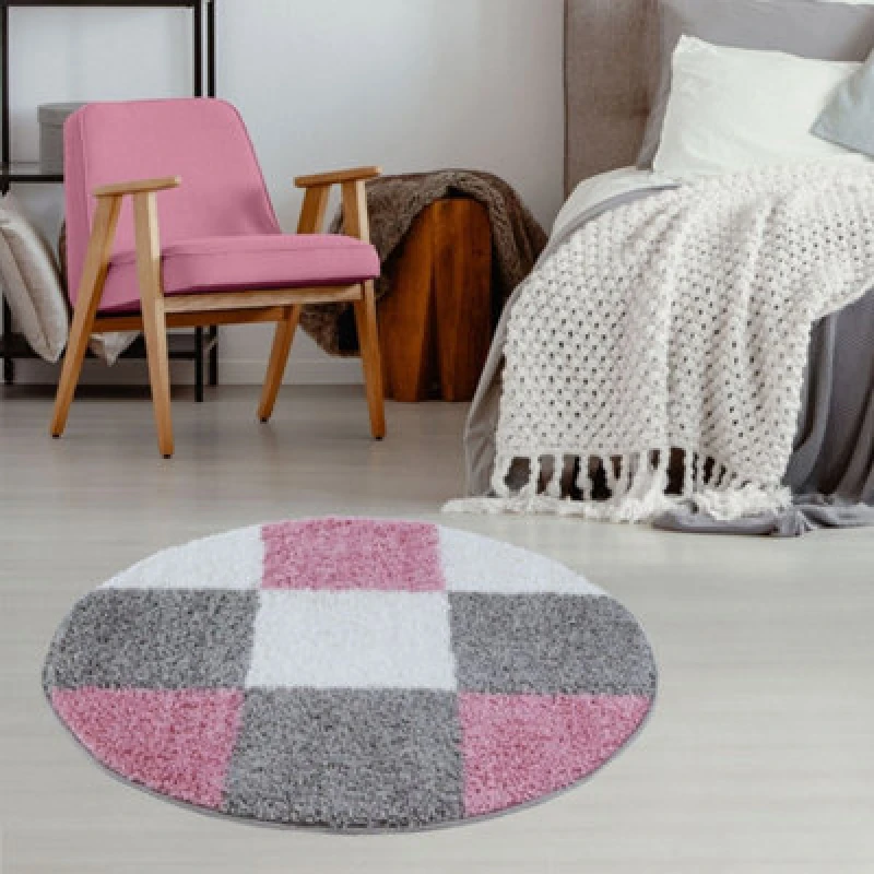 Image of THE RUGS Fluffy & Soft Shaggy Rugs Living Room Rug in Pink - Elegant Geometric Design Carpets For Bedrooms & Kitchen 381 Size: 120cm diameter Pin