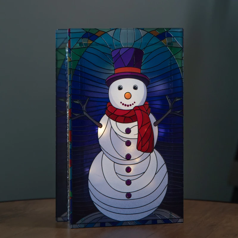 Image of 21cm Battery Operated Light up Double Sided Stained Glass Snowman Decoration with LEDs
