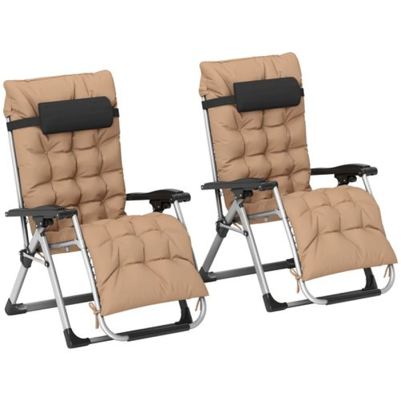 Image of Outsunny 2 PCS Reclining Zero Gravity Chair Folding Lounger Cushion Khaki Khaki