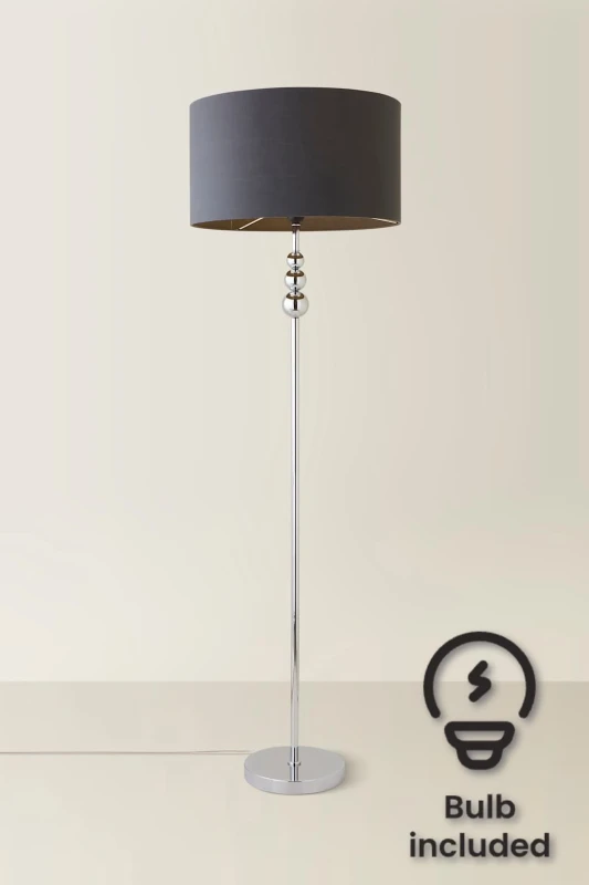 Image of ValueLights Marissa Fabric Drum Shade with Chrome Stacked Ball Floor Lamp with LED Bulb Charcoal