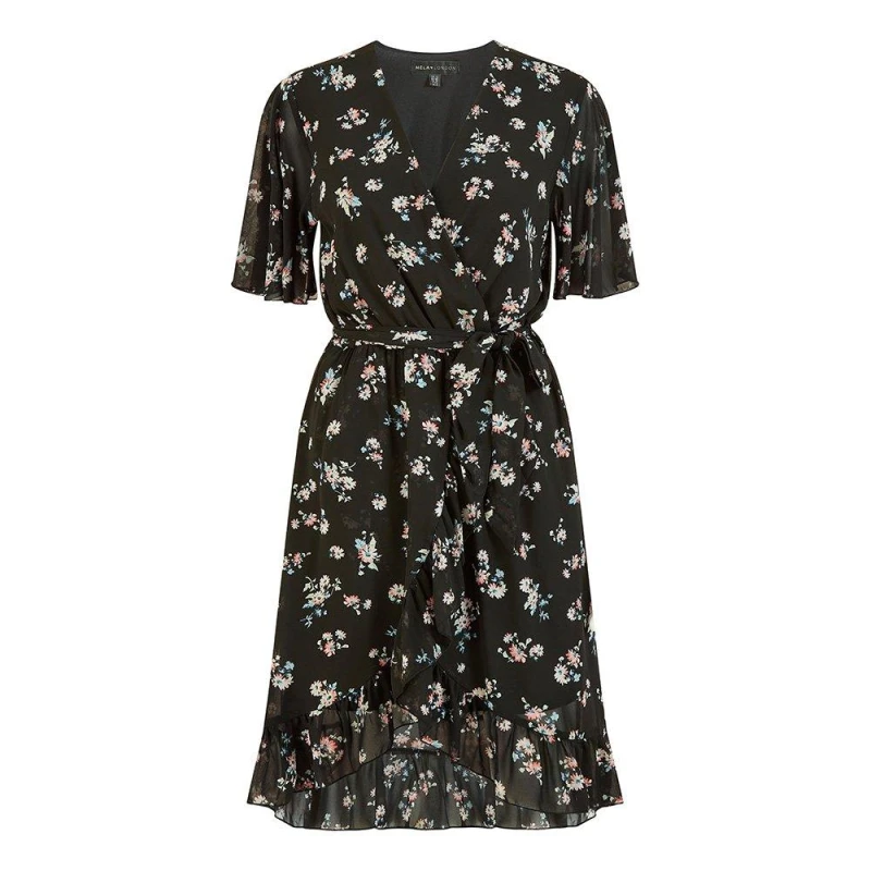 Image of Mela London Mela London Black Floral Frill Wrap Dress Black 8