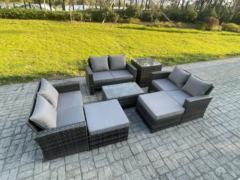 Image of Fimous 7 pc Rattan Sofa Garden Furniture Outdoor Patio Set with Side Tables 2 Big Footstool Love Seat Sofa Dark Grey Mixed Dark Grey Unisex