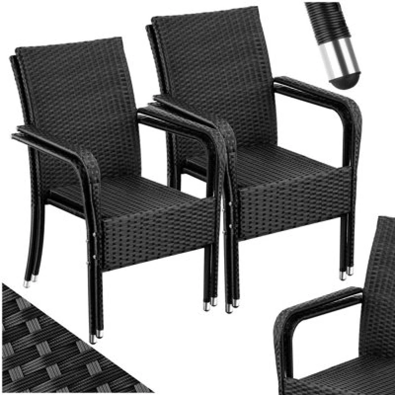 Image of Tectake Rattan Garden Chair Girona - Polyrattan & Steel, Weather & Sun Resistant, Stackable - Black - Set Of 4
