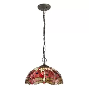 Image of Luminosa Lighting - 3 Light Downlighter Ceiling Pendant E27 With 40cm Tiffany Shade, Purple, Pink, Crystal, Aged Antique Brass