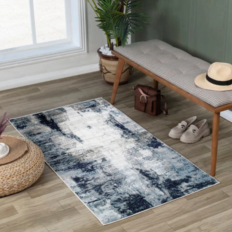Image of Livabliss Abstract Modern Marble Aqua/navy Giulia Area Rug 80 X 150 Cm - Easy Care, Non Shedding, Ideal For Living Room & Bedroom