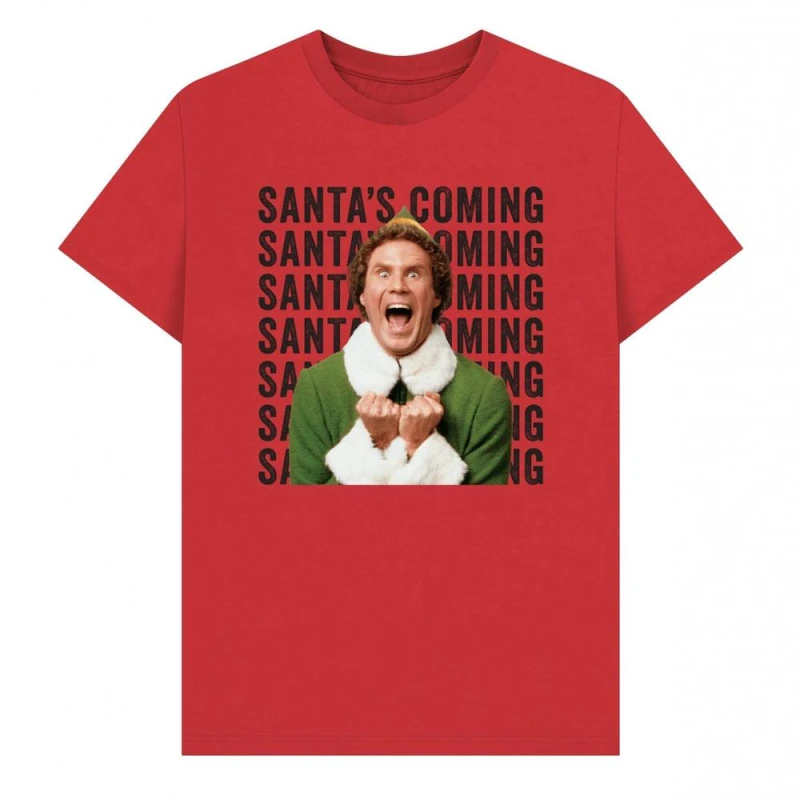 Image of Elf Mens Santa's Coming Graphic T-Shirt in Red Size: Small Red Male S