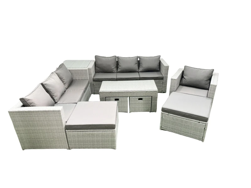 Image of Fimous Outdoor Rattan Garden Furniture Set with Grey Cushions Luxury 10 Seater with Chair,Coffee Table and Side Table For Conservatory,Patio Light Gre