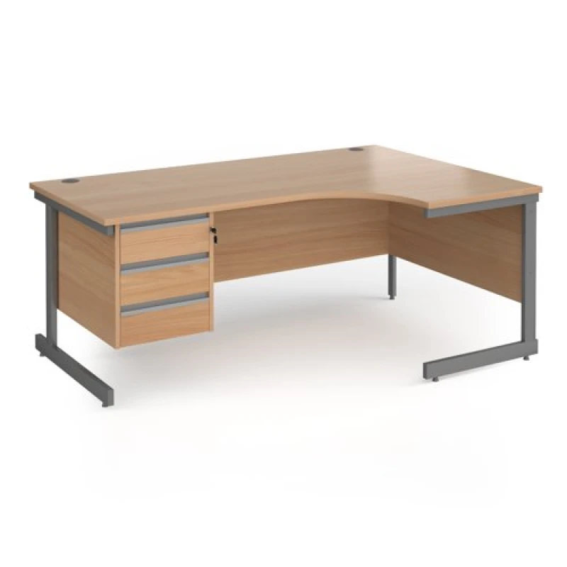 Image of Contract 25 Office Desk Right Hand Corner Desk 1800mm With Pedestal Beech Top With Graphite Frame 1200mm Depth Contract 25 CC18ER3-G-B CC18ER