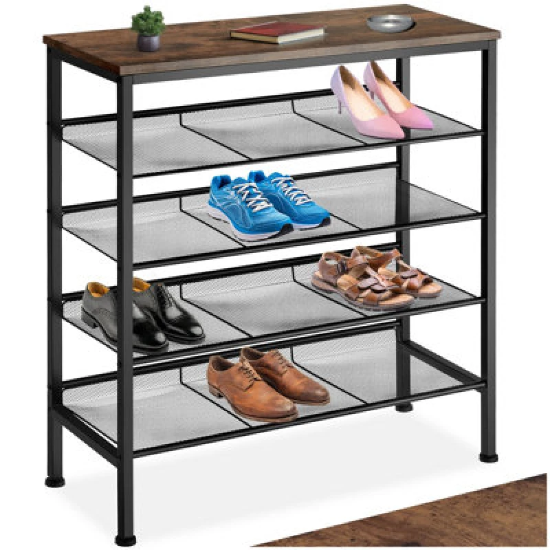 Image of Tectake Shoe Rack Bournemouth - Surface Shelf And 4 Grid Shelves, Industrial Style - Industrial Wood Dark, Rustic