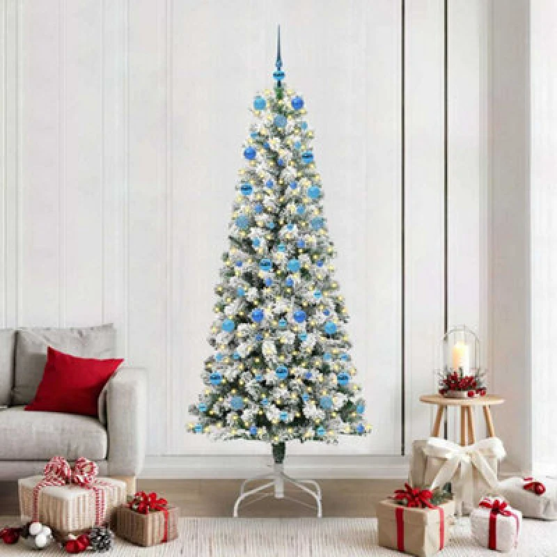 Image of vidaXL Artificial Hinged Christmas Tree with Blue Balls Green and white 210 cm, Green 3395611