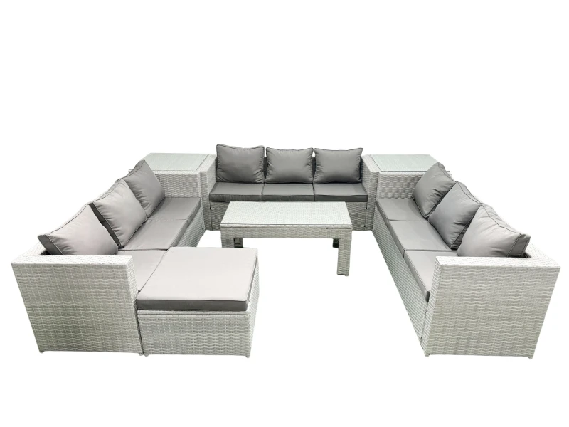 Image of Fimous Rattan Garden Outdoor Furniture Set 10 Seater Garden Sofa Oblong Coffee Table Set with Big Footstool 2 Side Tables Light Grey Mixed Light Grey