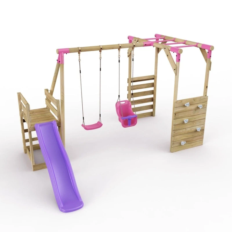 Image of Rebo Wooden Double Swing Set with Baby Seat, Monkey Bars and Slide - Luna Pink Pink